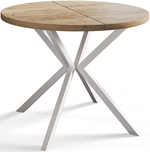AlpiMeble Esszimmertisch Ausziehbarer 90-170cm, Braun, Weiße Metallbeine | Runder Tish Loft Liten, Wohnzimmertisch, Küchentisch und Esszimmertisch