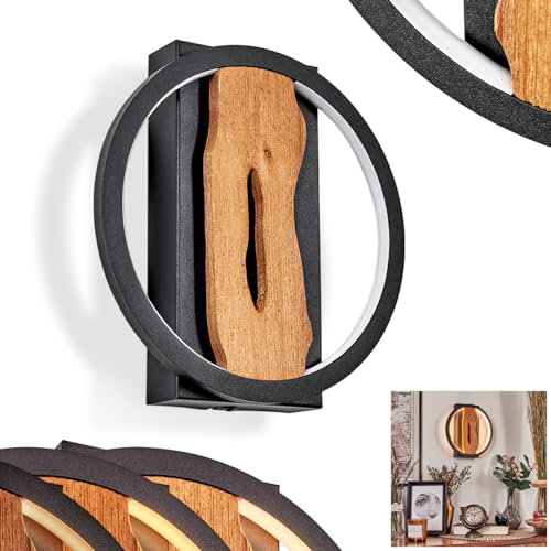 LED Wandleuchte Cornol, dimmbare Wandlampe aus Metall/Holz in Schwarz/Natur, Leuchte im modernen Design mit rundem Schirm (Ø 22 cm), dimmbar über Lichtschalter, 3000 Kelvin, 1700 Lumen, 12 Watt