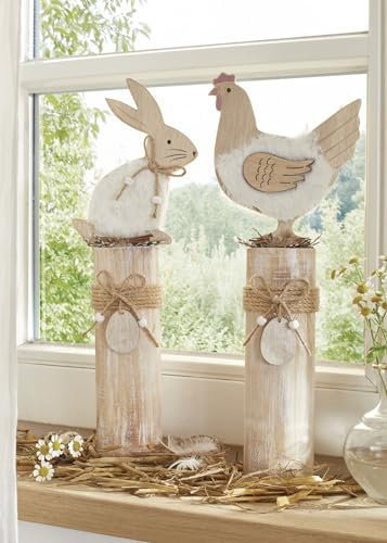 2X Dekosäule Hase & Huhn 35 cm hoch, aus Holz mit Kunstfell, Osterdeko, Holzsäule