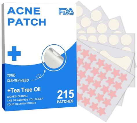 215 Pieces Acne Patches, Tea Tree Oil & Centella Oil, Hydrocolloid Acne Pimple Patches for Face and Body(175 Pieces Variety Size, 4 Pieces 4 * 2.3cm Large Coverage, 36 Pieces Star & Heart Shaped)