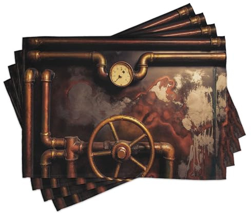 ABAKUHAUS industriell Platzmatten 8 Stück, Dampfrohre und Druck Gauger Vintage-Stil beschädigt Timeworn Engine, Waschbare Stoff Esszimmer Küche Tischdekorations Digitaldruck, Orange Dunkelbraun