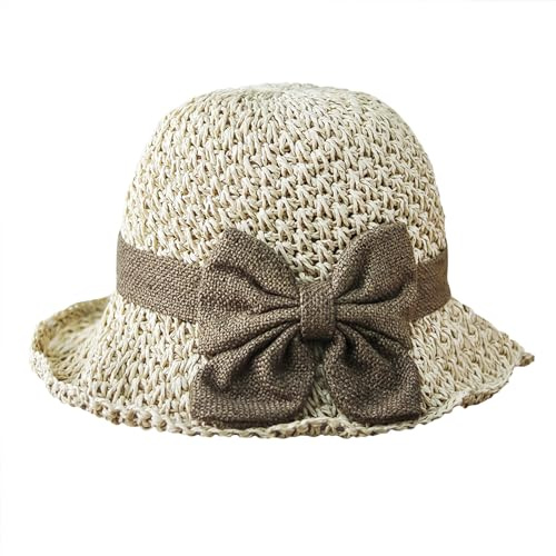 FakeFace Women Girls Straw Sun Hat with Bowknot Anti-UV Sun Protection Summer Travel Beach Cap Foldable Elegant Ruffle Wide Brim Floppy Bucket Hat (UK, Alpha, One Size, Beige)