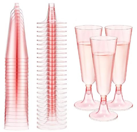 30 Pcs Clear Champagne Flutes 5 OZ Plastic Glitter Champagne Flutes Reusable Stemmed Party Wine Cups Crystal Wine Cocktail Cups for Garden Wedding Birthday Anniversary Party (Pink)
