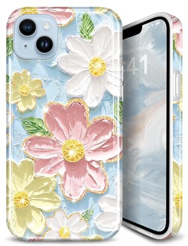 JIAXIUFEN Schutzhülle für iPhone 15, Glitzer, Retro-Ölgemälde, Blumendesign, dünn, stoßfest, TPU, weiches Silikon, Blau / Rosa