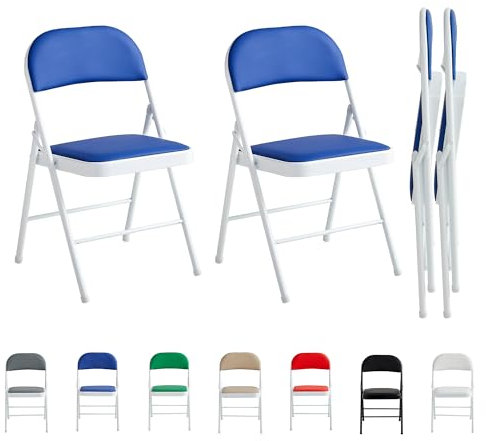 mcc direct Set of 2 Folding Chairs, Faux Leather Foldable Chairs with Metal Frame and Padded Seat, Easy to Fold and Store for Home, Office, Dining and Reception (Blue)