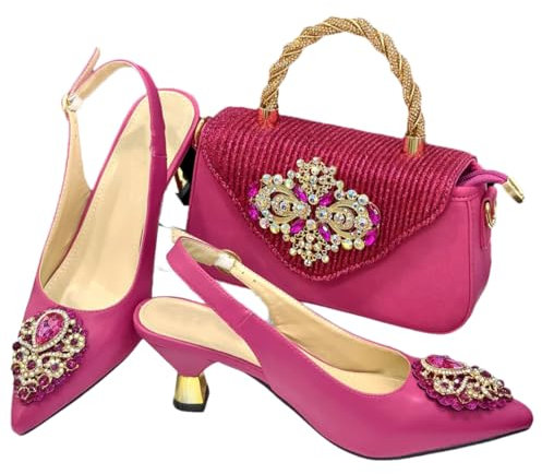 Juego de zapatos y bolso para mujer, tacón alto, cristal esmerilado, brillantes, para fiesta, diseño italiano, Fucsia para conjunto, 40.5 EU