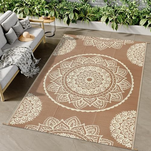 Famibay Outdoor Rug Waterproof Plastic Straw Garden Rugs Reversible Outdoor Rug 120 x 180 cm Patio Carpet UV Resistant Portable Indoor Area Rug for RV Balcony Picnic Brown Beige