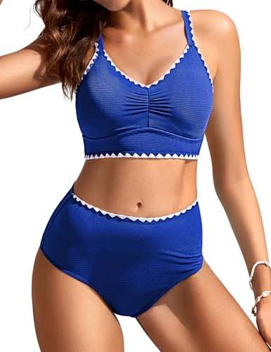 Kate Kasin Gerippte Bademode Damen High Waist Triangel Oberteil Bikinihose Elastizität Sport Bademode Blau L