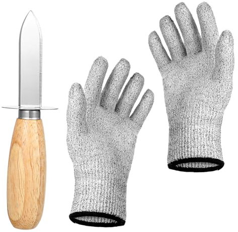 Apausvcm Oyster Shucking Knife Set, Stainless Steel Oyster Shucker with Wooden Handle and 1 Pair Food Grade Cut Resistant Gloves Seafood Opener Tool for All Kinds of Shells and Oysters (Large)
