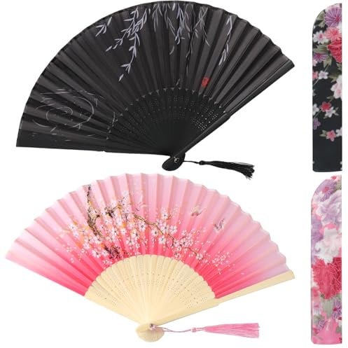 loghohu 2Pcs Hand Fans for Women Foldable Chinese Fan Paper Fan Handheld Women Hollowed Hand Foldable Fans with Fabric Sleeve Bamboo Silk Folding Handfans for Party Dancing Wedding Decoration