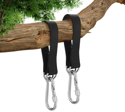 Fissaggio per Altalena e Amaca, 2 Cinghie da 29 cm con Moschettoni e Anelli a D, Corde Resistenti in Poliestere per Sospensione di Altalena e Amaca da Albero