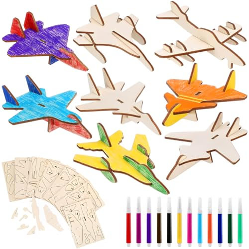 QOCUILC 8 Stück Holz Flugzeug Bastelset – DIY 3D Holzflugzeuge zum Bemalen, Kreative Handwerkssets für Kinder, Basteln für Jungen und Mädchen