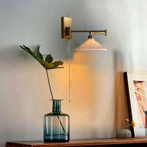 AstrizLamp Schwenkarm-Wandlampe Zugschnur-Wandleuchte mit Schalter Moderne Nachttisch-Leselampe Keramikschirm Messing Wandleuchte drehbare Verstellbarer Lang Arm, für Schlafzimmer Studie Trapezförmig