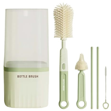 Cepillo Limpia Biberones, 6 En 1 Verde Traje Silicona Cepillo Limpia Botellas, Limpiador Biberones,con Cepillos Pezón, Cepillos Pajita, Caja de Almacenamiento,Sin BPA