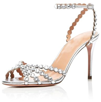 Sandales à Talons Aiguilles à Bout Ouvert et Strass Tendance, élégantes Sandales d'été à Talons Hauts et Brides à la Cheville, Chaussures de Mariage Confortables et habillées