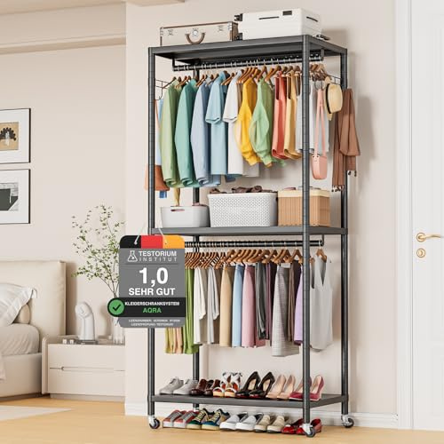 AQRA Offener Kleiderschrank, Fahrbarer Schwerlast Kleiderständer aus Metall | Auf Rollen, Tragkraft 200kg, 2 Kleiderstangen, 3 Ablagen, 2 Haken, Maße 90×40×200cm