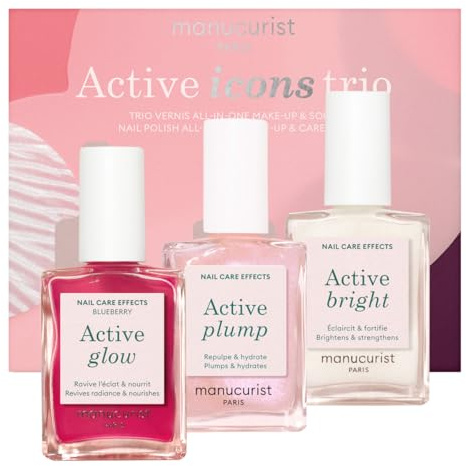 Manucurist Active Icons Trio Nagellack Weihnachtsset – Active Glow Blueberry, Active Shine, Active Plump Nagellacke – Nagelhärter – Aufhellender Behandlungslack & Pflege – Geschenkset Frauen