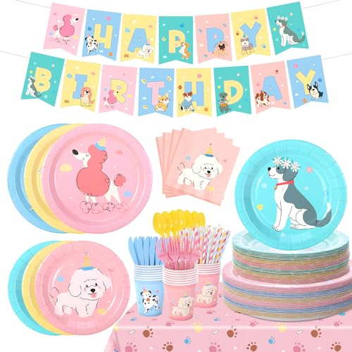 Safari Birthday Party Supplies Pet Dog Disposable Paper Plates Napkins Cups Tablecloth and Banner for Safari Animals Themed Party Decorations, Retro Puppy Themed Tableware Set