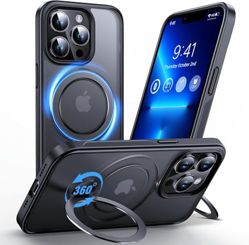 Anqrp 360° All-in-One-Ständerhülle für iPhone 13 Pro Hülle mit Rotierbarem Magnetischem Ständerringhalter, Kompatibel mit MagSafe, Matt Stoßfeste MIL-Grade-iPhone 13 Pro Case 6,1 Zoll, Schwarz