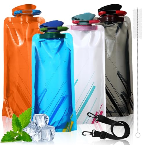 4er Pack Faltbare Trinkflasche 1000 ml ,Kollabierbare Silikon,Wasserflasche, BPA-frei, lebensmittelecht & luftdicht mit Saugrohrbürstchen und Tragegurt für Outdoor, Camping, Wandern, Festival, Reisen