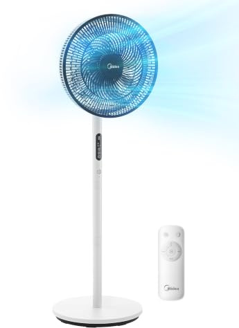Midea Standventilator Leise mit Fernbedienung FS35-26XRD(BW), 3 Geschwindigkeitsstufen,LED Anzeige, 7,5H Timer, höhenverstellbar, 80°Oszil-lationsfunktion, 30W, Weiß, Zirkulator, 30-60-80-110cm