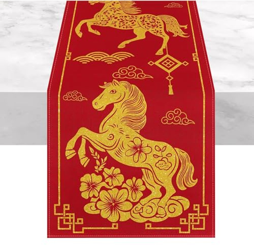 Chinese New Year Decoration, Chinesisches Neujahr 2026 Tischläufer 33 x 183 cm, Frühlingsfest Tischläufer mit Chinesischem Tierkreiszeichen Pferd 2026, Happy New Year Chinesisches Neujahr Tischläufer