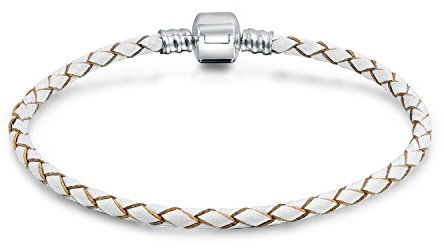 Bling Jewelry Weißes Geflecht Aus Echtem Leder Charm Für Europäische Armbänder Für Frauen .925 Sterlingsilber Barrel Clasp