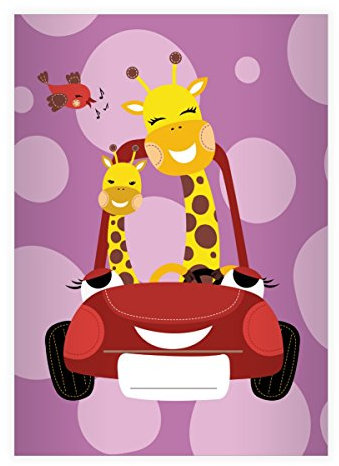 8 Fröhliche Giraffen DIN A4 Schulhefte, Rechenhefte mit Comic Giraffen im Auto in lila Lineatur 29 (Kariertes/rautiertes Heft)