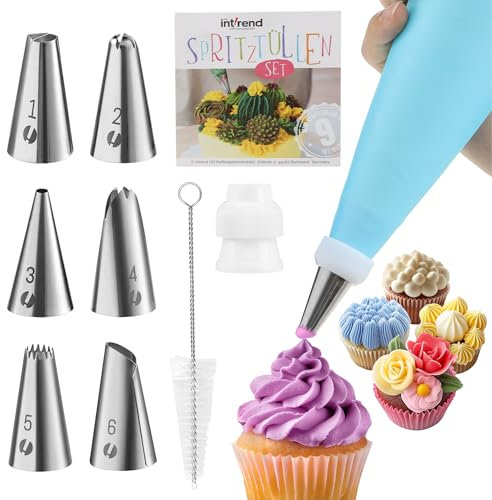 int!rend Spritzbeutel mit Spritztüllen Set - 6 Tüllen für Spritzbeutel - Mit 1x Silikon Spritzbeutel wiederverwendbar und Reinigungsbürste - Gebäckspritze Sahnespritze