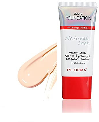AQUAPURITY PHOERA Full Coverage Foundation, neue Formel, wasserfest, langanhaltend, ölfrei, samtmatt, flüssige Foundation für fettige Haut, makelloses Make-up, Basiscreme, Concealer (101 Porzellan)