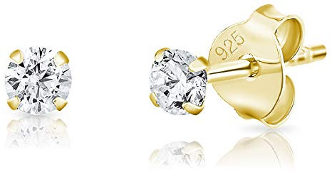 DTPsilver® boucles d'oreilles femme argent 925 - MINI/Petits/Moyens Clous Puces d'oreilles Plaqué Or Jaune et Oxyde de Zirconium Ronds - Diamètre: 3 mm - Blanc/Clair CZ