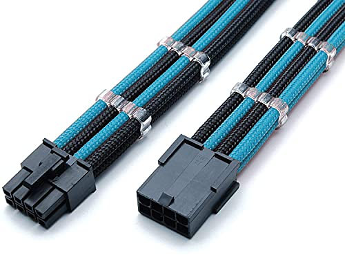 Shakmods 8 Pin ATX CPU Motherboard Sleeved Extension Cable 30cm + 2 Cable Combs (Light Blue & Black)
