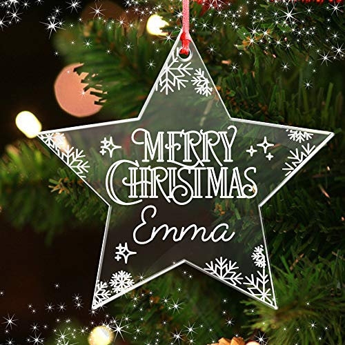 howson london Personalised Xmas Tree Decoration Engraved Gift Bauble Heart Round Tree Star Shape For Couples Or Families (STAR 1)