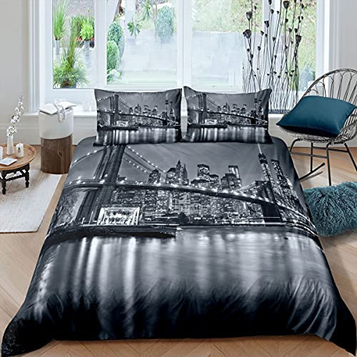 Loussiesd Brooklyn Bridge Duver Bettwäscheset für Kinder, New York City, Schwarz und Weiß, 3-teilig