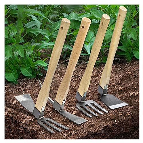 FHYTGBS 4 Psc Gardening Tools, Wooden Handle Garden Tools Including Pick Rake Hoe Head And Rake Fit For Gardening/planting Vegetables And Flowers Outdoor Supplies