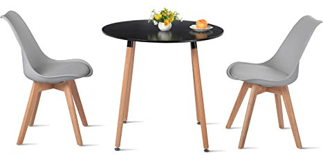 H.J WeDoo Esstisch Rund mit 2 Eiche Stühlen Küchentisch Wohnzimmertisch Holztisch Tisch Set für Wohnzimmer Küche Büro Grau