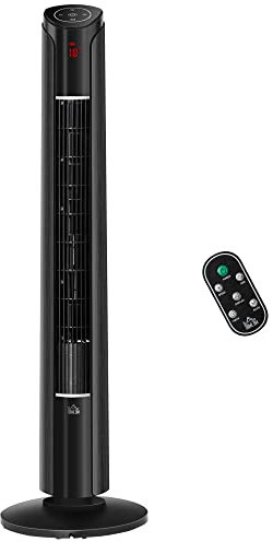 HOMCOM Ventilador de Torre Silencioso Ventilador Vertical 45W con Mando a Distancia 3 Velocidades 4 Modos Pantalla LED Temporizador 12h y Oscilante 70° para Oficina Hogar Negro