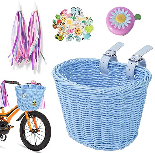 Fahrradkorb Vorne Kinder Abnehmbar, EUBSWA Fahrrad Korb Weidenkorb Vorne mit Glocken und Luftschlangen, Mädchen Fahrrad Korb Zubehör (Blau)