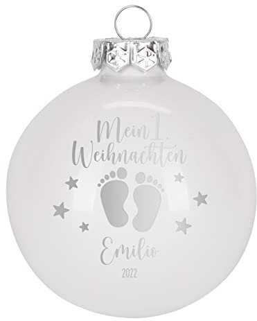 Herz & Heim® Weihnachtskugel aus Glas mit persönlicher Gravur/Rot oder Weiß/Matt oder Hochglanz/Ø 8 oder 10 cm/Verschiedene Motive Ø 8 cm, Weiß Hochglanz, Mein erstes Weihnachten