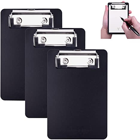 AZWOOD Mini Klemmbrett, 10 x 15cm Kunststoff-Klemmbrett, Kleine Klemmbretter mit Stifthalter für Notizblöcke, Quittungen, Taschenlisten(Schwarz, 3 Stück)