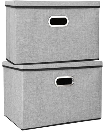 Youyijia 2 Pack Storage Boxes with Lids 45x30x30cm Large Collapsible Storage Baskets for Shelves Foldable Linen Fabric Storage Bins with Handle Cube Storage Unit for Organizing Clothes Toys (Gray)