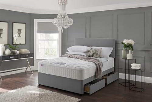 SANA SLEEP Premium Plain Fabric Divan Bed Set With Mattress, 2 Drawers (Same Side) and Headboard 4FT Small Double - Grey Suede