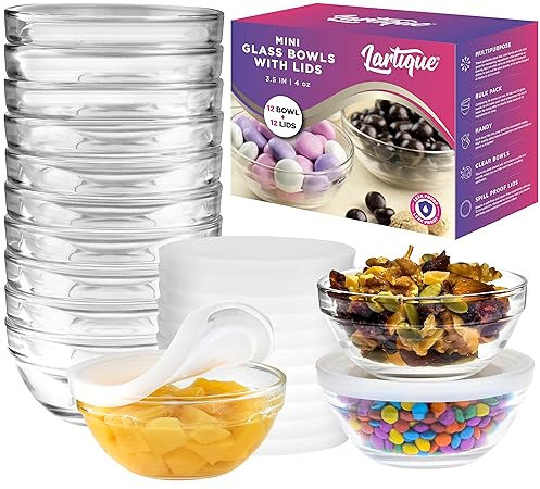 Lartique Mini 3.5 Inch Small Glass Bowls with Lids - Set of 12, Clear Glass, Plain Style, Perfect for Prep, Dips, Nuts, or Candy, Microwave & Dishwasher Safe