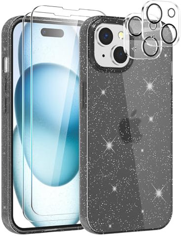 YIRSUR Glitter Clear Case Compatible with iPhone 15 with 2 Pack Screen Protector with 2 Pack Camera Lens Protector, Soft TPU Bumper Anti-Scratch Shockproof Transparent Sparkly Case for iPhone 15-Black