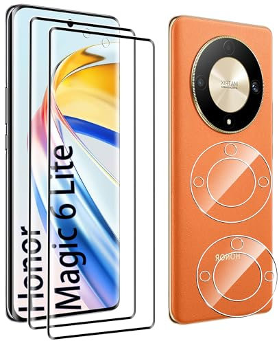 FDHYFGDY 2+2 Piezas Cristal Templado para Honor Magic 6 Lite, Protector de Cámara y Película Protectora de Vidrio, Dureza 9H, Sin burbujas,resistente a los arañazos, HD película protectora