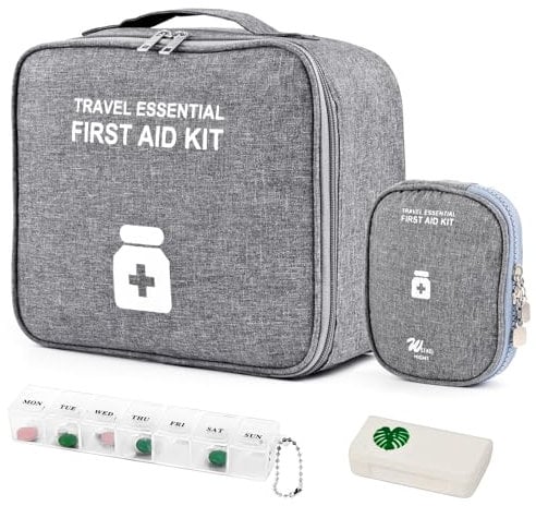 WuGU 2stk Medikament Tasche,Tragbar Medikamententasche mit 2 Stück Tablettenbox, feuchtigkeitsbeständig Medizin Aufbewahrungstasche,Reiseapotheke Tasche für Schule,Reisen, Camping und Wandern