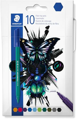 STAEDTLER Fasermaler Noris cool & cute, Tinte mit Lebensmittelfarbstoffen auf Wasserbasis, Kappe mit Atemluftkanal, Linienbreite 1,0 mm, 10 Filzstifte in sortierten Farben im Kartonetui, 326 C10 E1