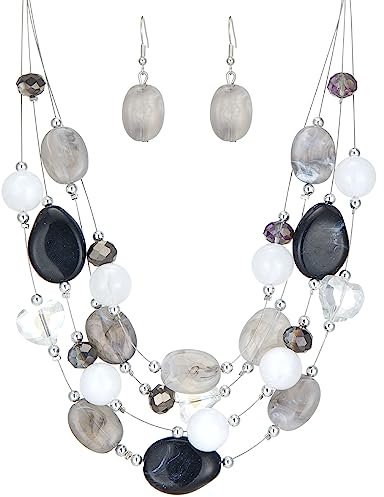 FULU AUTUMN Chunky Statement Kette Damen Mehrreihige Perlenkette und Ohrringe Modeschmuck Set für Frauen Mama Frau Oma Muttertags Geschenk(1-Black white colorful)