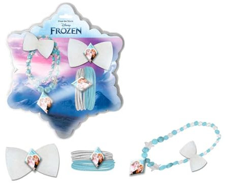 Haar-Accessoires-Set Frozen + Halskette, Haarspange, Gummibänder, Zubehör-Set für Hüte Elsa und Anna, Geschenkidee, ab 2 Jahren, mehrfarbig