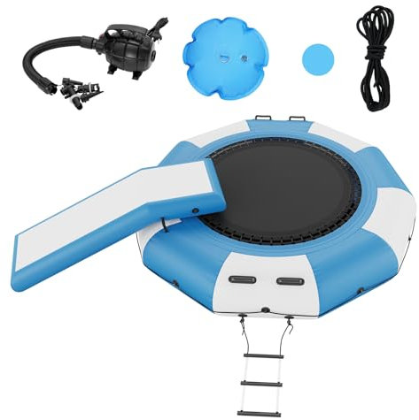 VEVOR Aufblasbarer Wassertrampolin mit Rutsche & Leiter, wasserdichte, Abriebfeste, Wassertrampoline 3,05 m Großen Sprungfläche, Sprungplattform-Wasserpark Pool Trampolin, Weiß + Blau